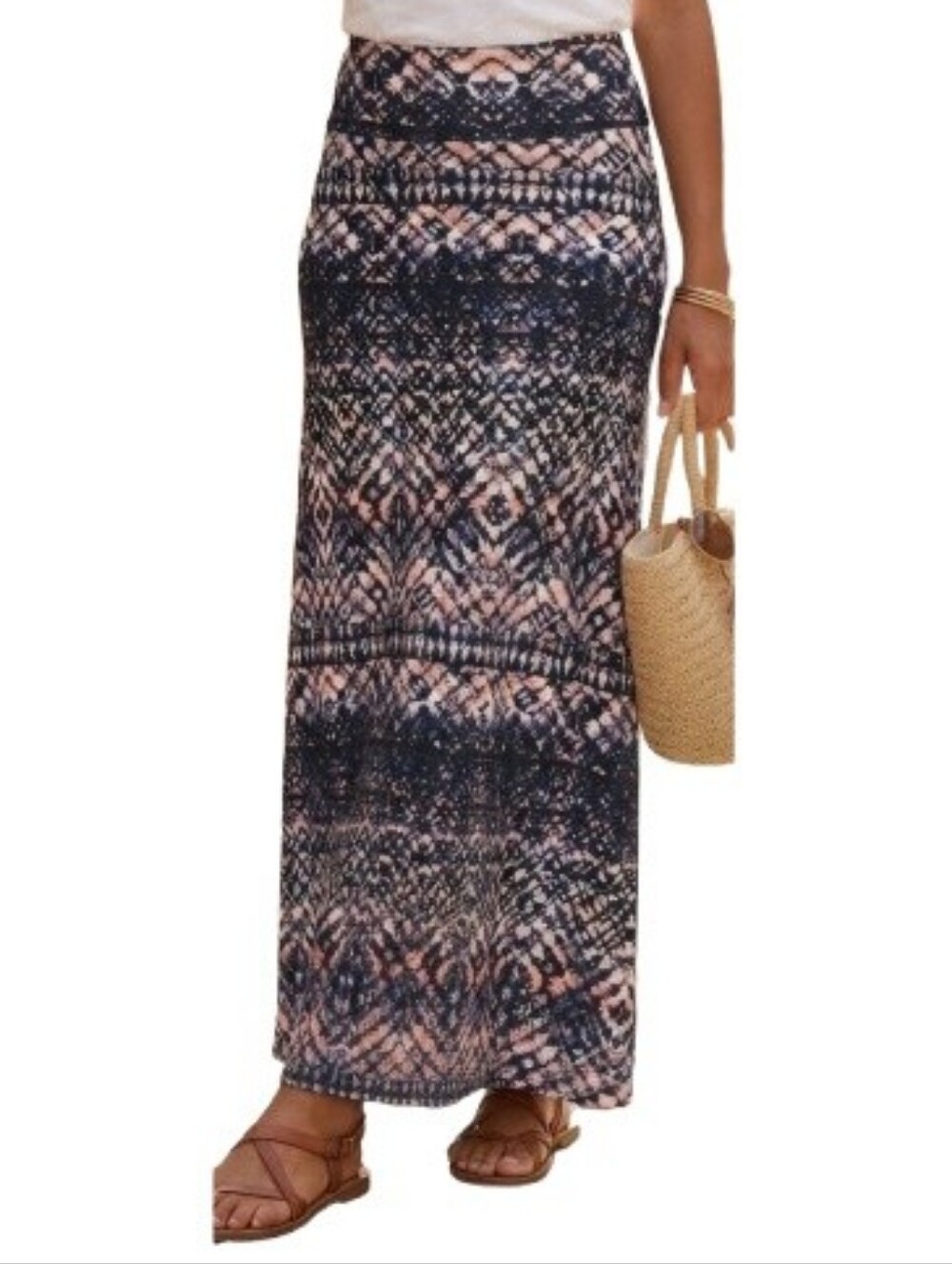 Lily Rose Maxi Skirt Pull-on Stretchy Multicolor Geo-Print Black Blue Pink